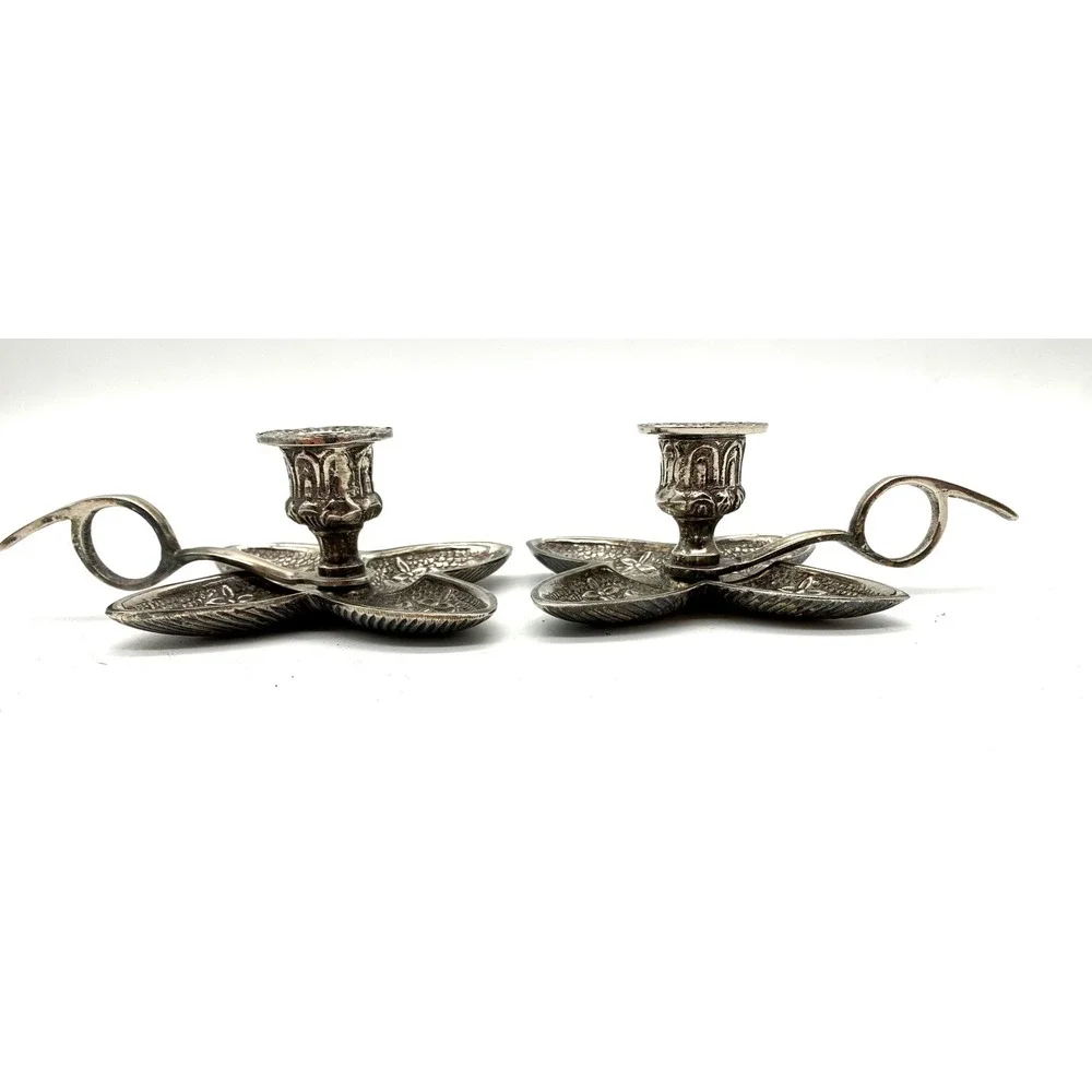 Vintage Silver Flower Chamberstick Candle Holder Pair Hollywood Regency Taper